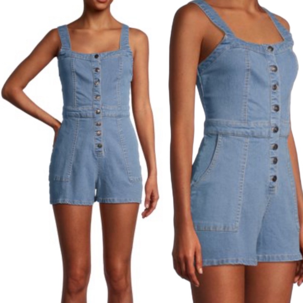 Derek Heart Womens Juniors Lighwash Blue Button Up Summer Overall Shorts Size L